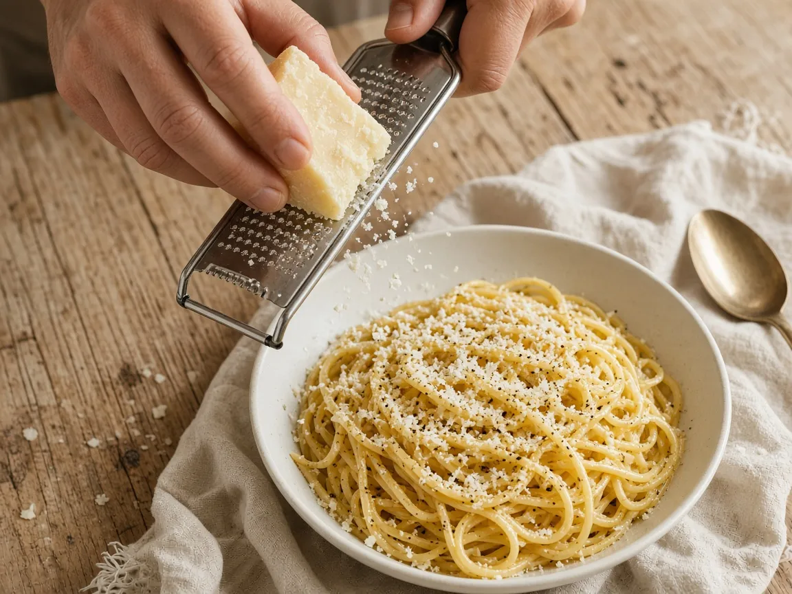 Two hands grating cheese over a bowl of spaghetti on a linen-covered wooden table. No face is shown.