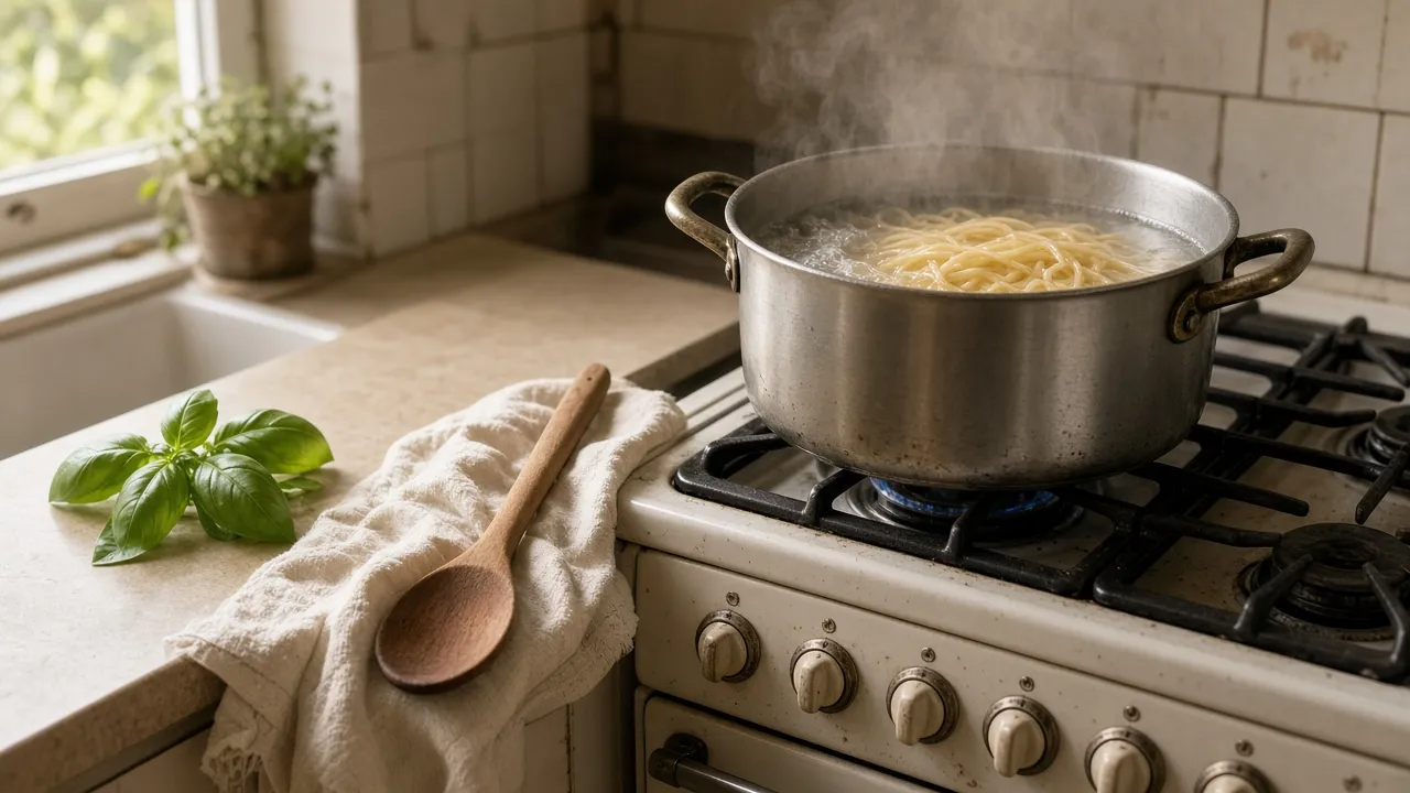 A home stove with a pot of simmering water, a wooden spoon, and a linen towel. No person is in the frame.