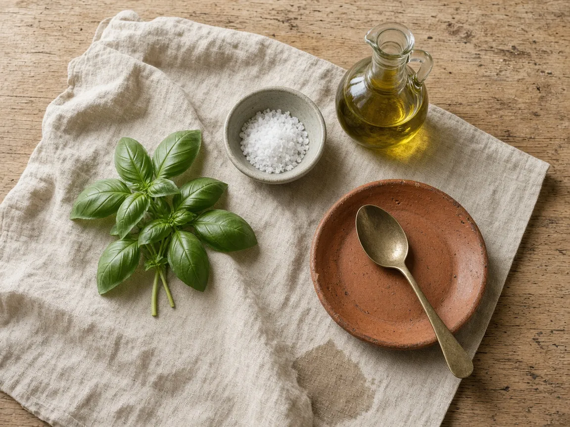A linen cloth on a wooden table with basil, flaky salt, olive oil, and a terracotta plate.